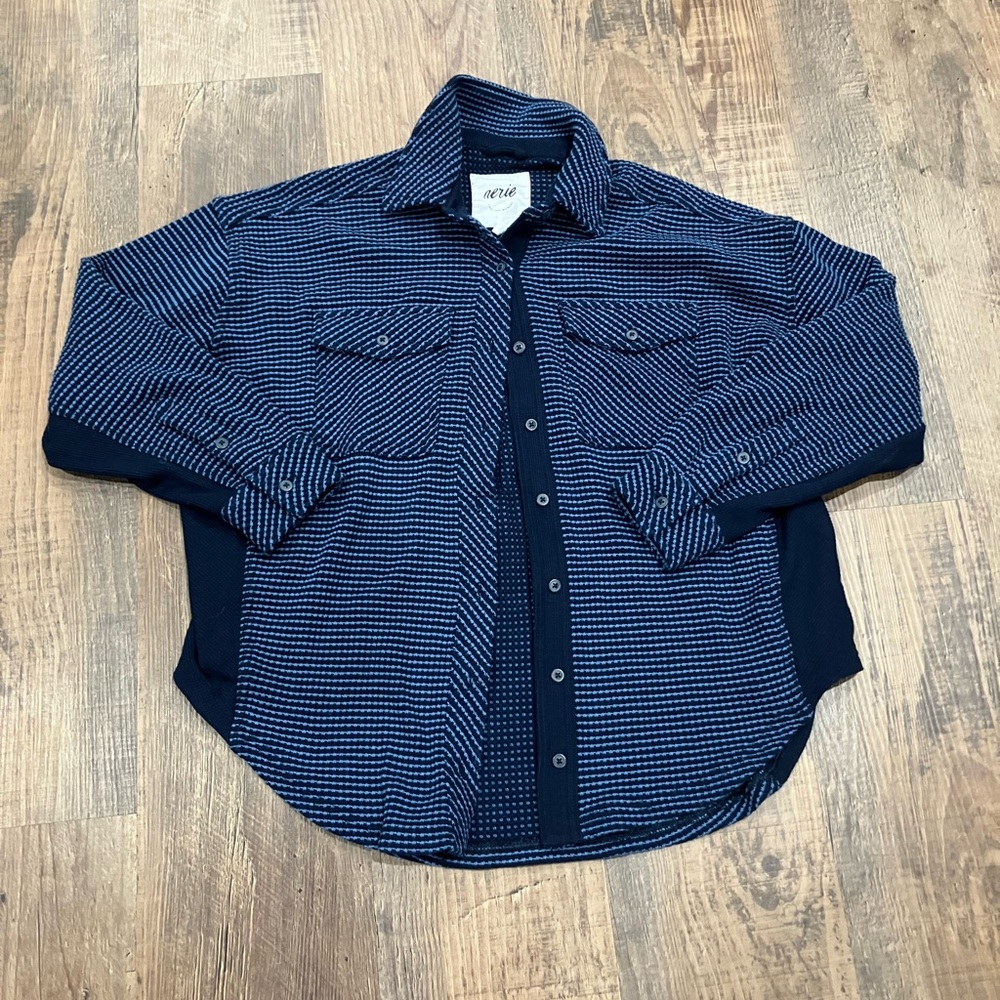 Aerie Oversized Waffle Navy and White Button Down Shirt with Chest Pockets